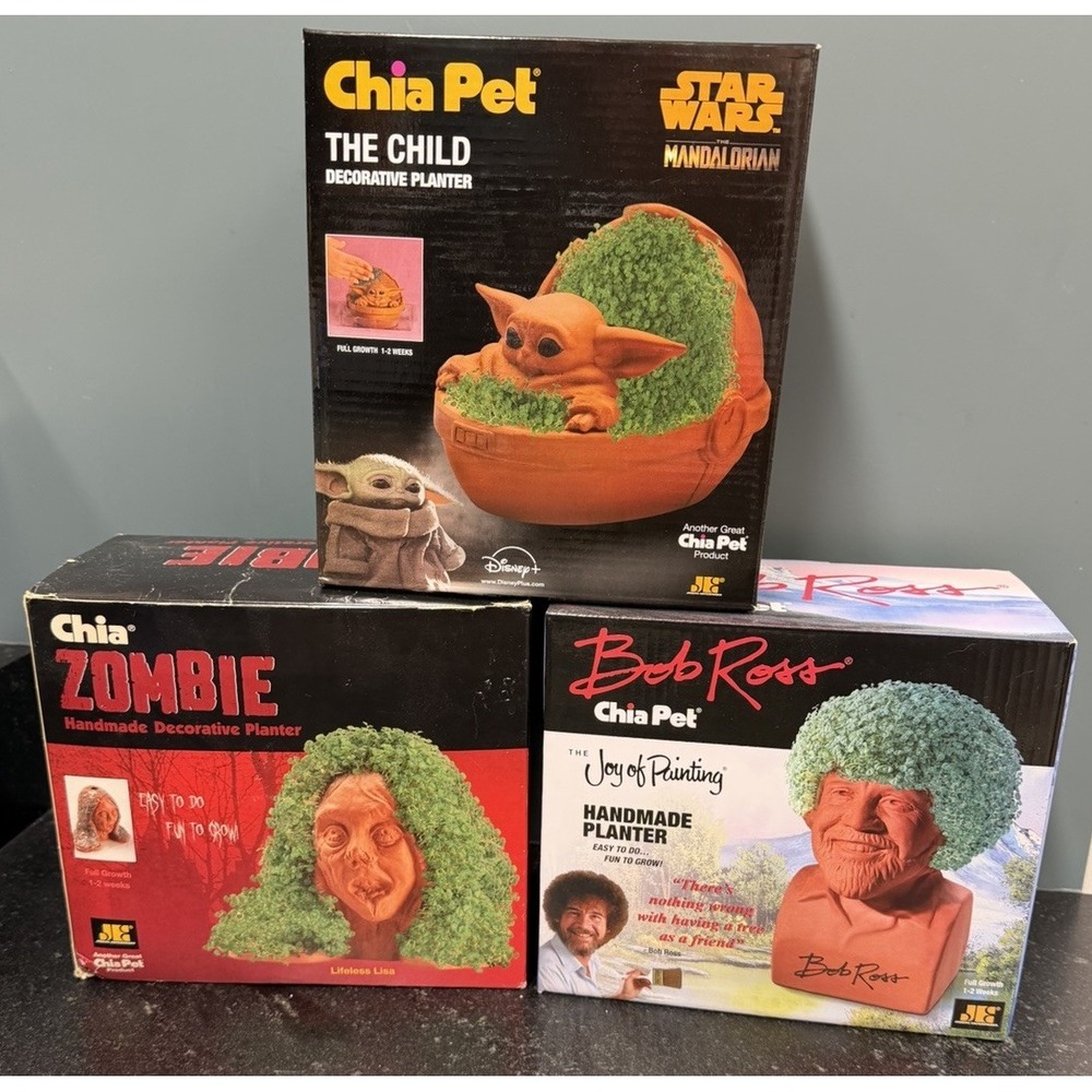 Lot of 3 Chia Pets Bob Ross Grogu The Child Zombie Planters‎ Complete Open Box